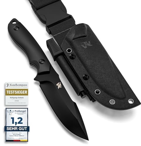 ODENWOLF Outdoor-Messer AMBULO mit Kydex Holster - Edles Jagdmesser aus einem Stück D2 Stahl gefertigt - DAS Bushcraft Messer - Perfektes Survival Messer (Komplett Schwarz)