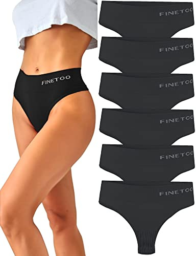 FINETOO 6er-Pack String Tangas Damen Bauchkontrolle Strings Set Atmungsaktiv Thong Frauen Unterhosen Hoher Taille Unterwäsche Weich Panties Mehrpack S-XL