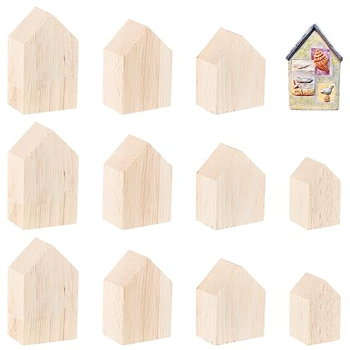 OLYCRAFT 12 Stück 4 Größen Unlackierte Holzblöcke In Hausform Klein Pfeilform Holztablettplatten Leere Holzausschnitte Bauernhaus Holzhandwerk Für Zuhause Küche Büro Regal Kaffee Bar Dekoration