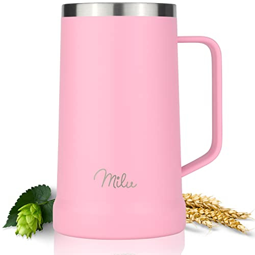 Milu Bierkrug Edelstahl isoliert | Bierglas mit Deckel | Thermobecher mit Henkel | Bier Geschenk für Männer, Papa | hält 7 Stunden kalt (700ml, Rosa)