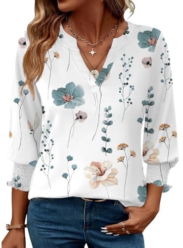 Rapbin Damen Mode Elegant Bluse 3/4 Ärmel Langerm Tunika Sommer Top Lässig Locker Oberteil Blusen 2026 (XL, Weiß Blau Blumen)