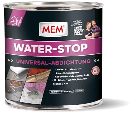 MEM Water Stop Abdichtungsmasse, Universalabdichtung & Feuchtigkeitssperre für innen & außen, Sofort dichtend, Lösemittel-, silikon- & bitumenfrei, Grau, 1 kg Eimer