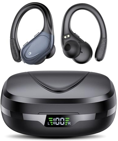 CASCHO Bluetooth Kopfhörer Sport, Kopfhörer Kabellos Bluetooth 5.3, 60 Std Kabellose Kopfhörer mit Tiefer Bass, In Ear Kopfhörer mit 4 ENC Klarer Mic, IPX7 wasserdichte Ohrhörer mit Ohrhaken Schwarz
