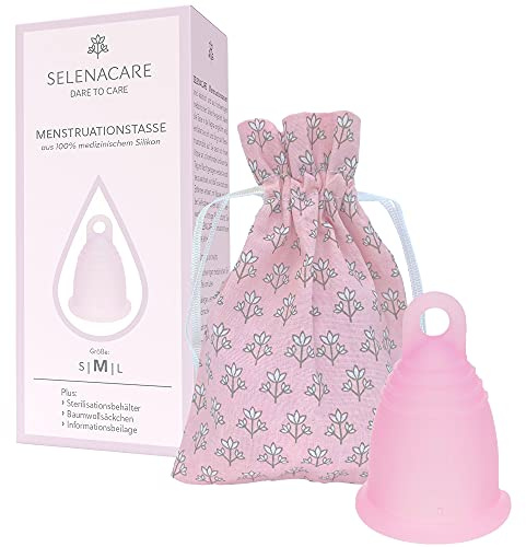 Selenacare Menstruationstasse Premium - waschbarer Periodencup aus medizinischem Silikon - mit Reinigungsbehälter und Aufbewahrungsbeutel aus Baumwolle, Rosa, Größe M (26ml)