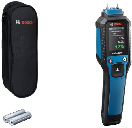 Bosch Professional Pin-Feuchtemessgerät GMP 2-15 | misst 37 Holzarten und 10 Baustoffe, integriertes Thermo-Hygrometer, IP 65, 2x AA Batterie, Tasche