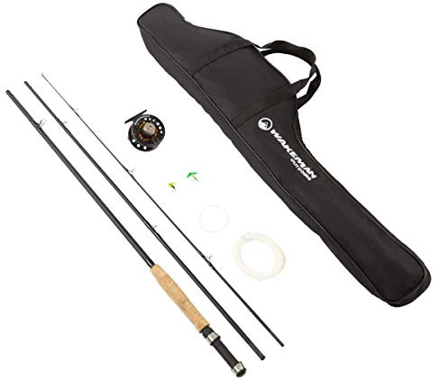 Wakeman 3-teiliges Fliegenfischer-Kombi-Starter-Set – 244 cm Faltbare Fiberglas- und Kork-Angelrute mit Etui und Zubehör (schwarz)