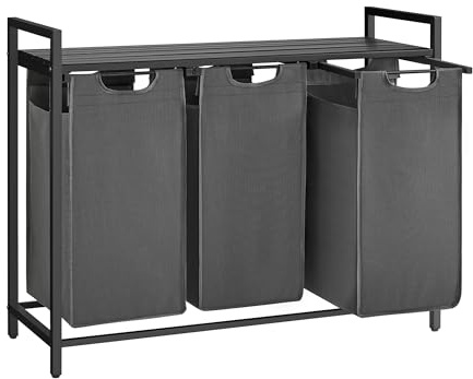 VASAGLE Wäschekorb 3 Fächer, Wäschesammler mit Ablage, Wäschebox, Wäschesack aus Oxford-Gewebe abnehmbar, Metallrahmen, 3 x 40 L, 92,5 x 33 x 72 cm, schiefergrau-anthrazitgrau BLH301G01