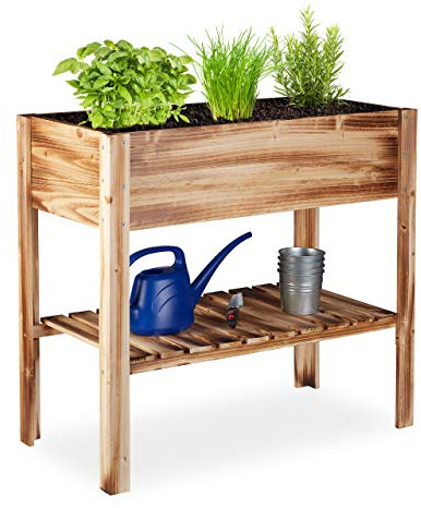 Relaxdays Hochbeet Holz, Ablagefach, Pflanzkasten Balkon, Terrasse, Garten, Kräuterbeet, HBT 80 x 88 x 43,5 cm, geflammt, Beige