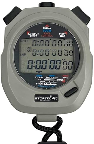 STOPTEC Stoppuhr 496 | 3-Zeilen Display | 500 Memory | Schlagzahlmessung | Race Control | Uhrzeit & Datum | Spritzwasserfest | Einfacher Batteriewechsel