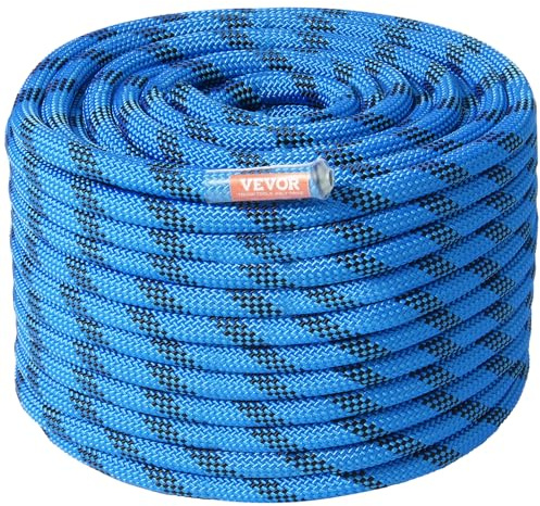 VEVOR statisches Kletterseil 12,7 mm, 60,9 m Outdoor-Kletterseil aus Polyester, 30 kN Bruchfestigkeit, Faserseil Mehrzweckseil für Flucht, Abseilen, Brandrettung, Blau