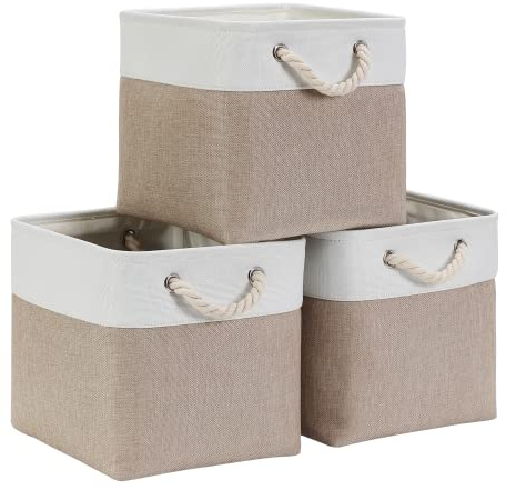 Mangata Stoff Aufbewahrungsbox 30x30x30 cm Faltbar Helles Khaki Weiß 3er Set