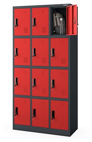 Jan Nowak Wertfachschrank 3B4A Fächerschrank Schließfachschrank mit 12 Fächern Metallspind Umkleideschrank Stahlblech Pulverbeschichtung Farbwahl 185 cm x 90 cm x 40 cm (H x B x T) (anthrazit/rot)