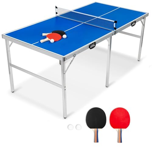 FCOUMY Faltbarer Tischtennistisch Indoor Ping Pong Tisch tragbarer Tischtennisplatte with Netz, Bälle, Schläger, blau 180 x90 x76 cm