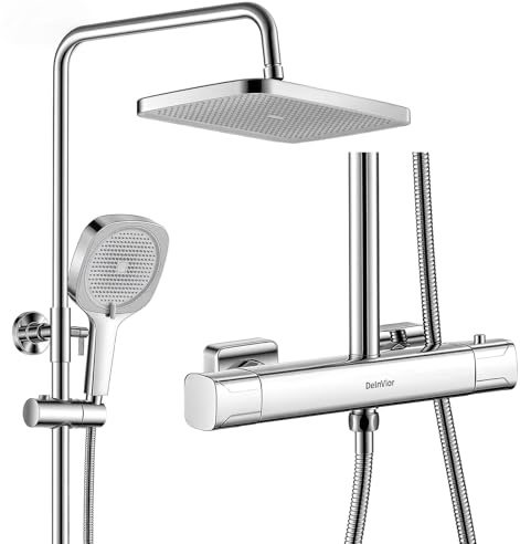 DelnVior Duschsystem mit Thermostat Edelstahl Regendusche 13 Quadratische Regenbrause Handbrause 3 Strahlarten Duscharmatur Komplettset Höhenverstellbar mit Anti-Verbrühungsschutz Wassersparend
