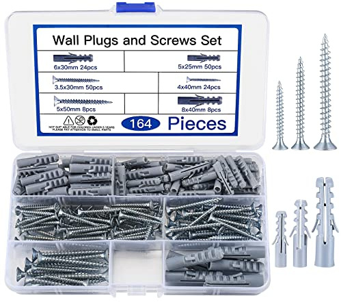 164 Stk Schrauben und Dübel Set (82 x Schlagdübel, 82 x Gipskarton Schrauben), Mauerwerksziegel Betonwand Selbstbohrende Schrauben und Gipskartondübel Ankerbolzen, M3,5/M4/M5/M6/M8