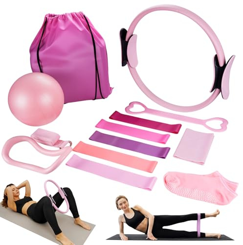 Jellybibo 13-teiliges Pilates-Ring-Set, inkl. Pilates-Ring, Yoga-Ball, Fitnessband, Spannungsring, Massagering, passend für Home-Gym-Fitnessgeräte (Rosa)