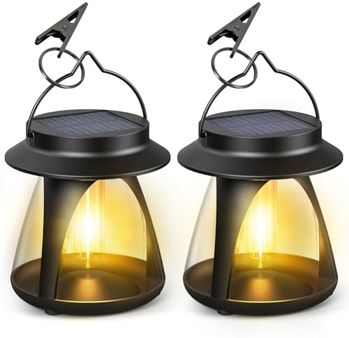 Solarlampen für Außen Hängend, Wiederaufladbar & Dimmbar, 2 Stück Solar Laternen für Draußen mit Super hell LED-Glühbirne, Wasserdicht Solarleuchten Gartendeko mit Haken für Balkon Terrasse Rasen Hof