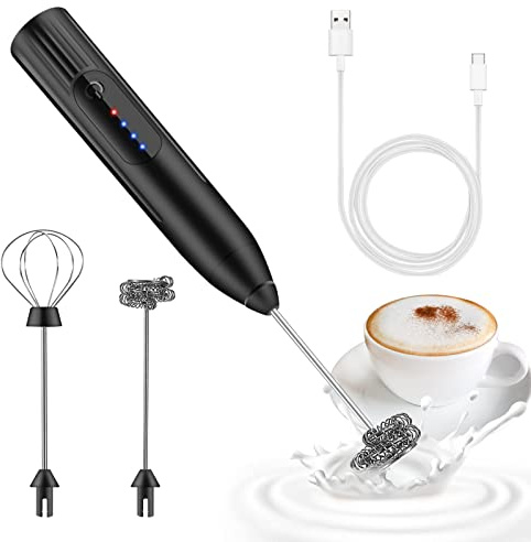 milchaufschäumer elektrisch stab,USB wiederaufladbar ​milchschäumer,melektrischer schneebesen 3 einstellbare geschwindigkeiten edelstahl für kaffee cappuccino latte heiße schokolade (Schwarz)