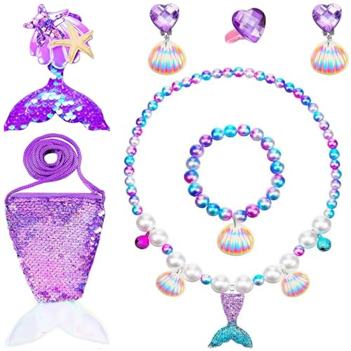 7 Pcs Meerjungfrau Schmuck Set für Mädchen, Meerjungfrauenflosse Mädchen Tasche Halsketten Armbänder Ringe Ohrringe, für Kinder Mädchen Party Geburtstaggeschenk