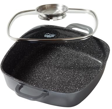 STONELINE Servierpfanne Eckig 24 cm, Eckige Pfanne Induktion mit Deckel, Aroma Funktion, Aluguss, Antihaft Pfanne Beschichtet mit echten Steinpartikeln, Für alle Herdarten, Backofen, Grau