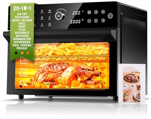30L Heißluftfritteuse XXL Minibackofen mit LED-Touchscreen, Minibackofen mit Umluft mit 20 Programmen und Zwei Kochmodi, 1800W Heissluftfritteuse Air Fryer Oven ohne Öl, 8h Timer, Rezeptbuch,7 Anhänge