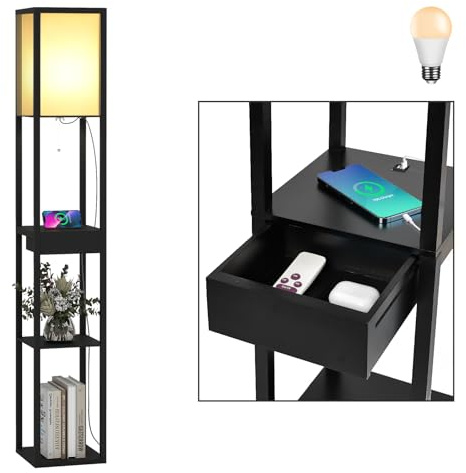 Fullwatt Stehlampe mit Holzregal Innenbeleuchtung Holz Stehleuchte mit Regalen für Schlafzimmer und Wohnzimmer (Schwarze Aktualisierte Version)