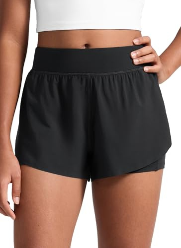 CRZ YOGA Mädchen High Waist 2 in 1 Sport Shorts Kinder Radlerhose Laufhose Sommer Gym Kurze Hosen mit ReiÃŸverschlusstasche Schwarz S