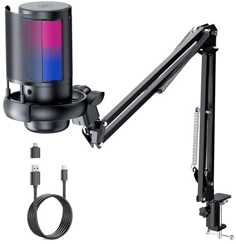 QIUOIO Gaming Mikrofon Mit Arm - RGB Podcast Mikrofon für PC, Streaming, PS4/PS5/MAC - USB Microphone