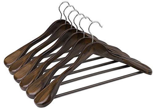 SONGMICS Anzugbügel, 6er Set, Kleiderbügel aus Massivholz, mit extra breiten Schultern, rutschfest, für Hemden, Mäntel, Jacken, Hosen, Anzüge, um 360° drehbarer Haken, dunkel nussbaumfarben CRSH06V