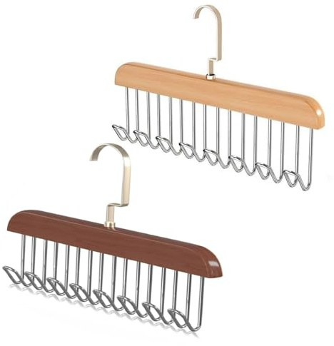 Gürtelhalter Kleiderschrank,2 Pcs Krawattenhalter Holz Kleiderbügel mit 8 Haken Hölzerner Gürtelhalter 360 Grad Drehbarer Krawattenbügel Kleiderbügel Holz für Schals Krawatten Gürtel