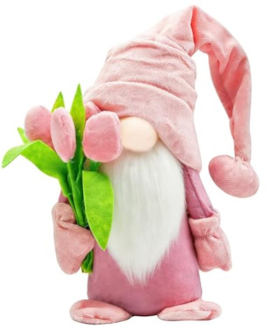 Ourdort Stehende Niedliche Wichtel mit tulpen Blumensträuße, Frühling Wichtel, Niedlicher Wichtel Frühling Deko für Innen, Muttertag Tischdeko, Frauen (Rosa)