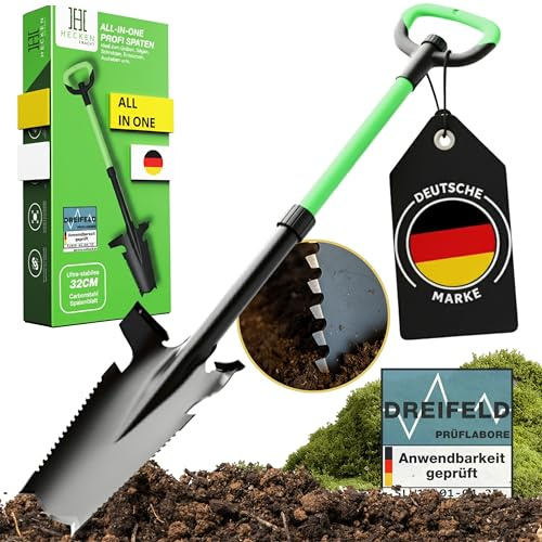 Heckenpracht® Profi Spaten mit Wurzelsäge | Wurzelspaten mit Sägefunktion | Perfekt für Harte Böden | Ergonomischer Griff & extra breite Trittkante | Gärtnerspaten mit Ultra stabilem Spatenblatt