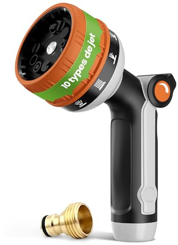 rainfactory Gartenbrause - Metall Gartenspritze mit 10 Sprühmustern - Gartendüse mit Hochdruck & Daumensteuerung - Gartenschlauch Düse mit Messing Adapter, Multifunktions- und Blumenbrause