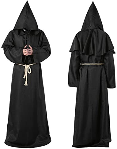 Wishstar Mönch Robe, XL Mittelalterliche Renaissance Robe, Kostüm Mönch mit Kapuze und Kordel, Schwarz Männer Prister Gewand Kostüm mit Kreuz für Mottoparty Halloween Cosplay Karneval und Fasching