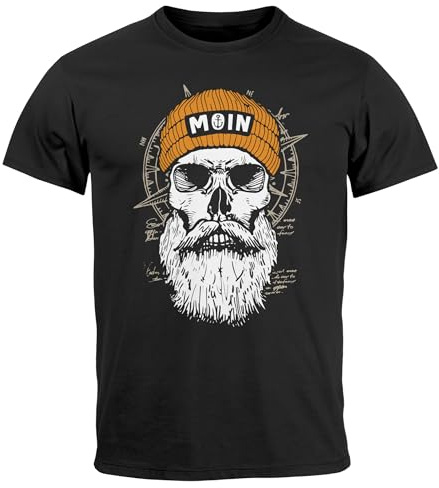 Neverless® Herren T-Shirt Printshirt Moin Skull Windrose Kompass Totenkopf Frontprint Fashion Streetstyle Schwarz 4XL