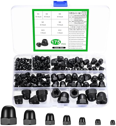 175 Stück Hutmuttern hohe Form Set, Sechskant Hutmuttern Set, Kohlenstoffstahl Schwarze Sechskantmuttern, Kappenmuttern für Schrauben Gewindestangen Gewindebolzen,M3 M4 M5 M6 M8 M10 M12 Muttern Set