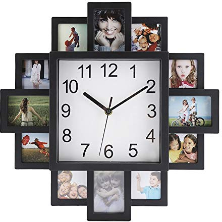 Smandy Wanduhr mit Bilderrahmen quadratische Wanduhr mit 12 Bilderrahmen Fotorahmen Bilderrahmenuhr Fotouhr für eigene Bilder