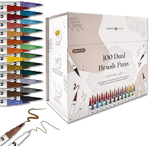 LEBENSKOMPASS® Brush Pen Set mit 100 wasserbasierten Dual Pinselstiften - Magnetbox mit Pinselstifte für Malbuch für Erwachsene, Handlettering, Kalligraphie & dein Bullet Journal