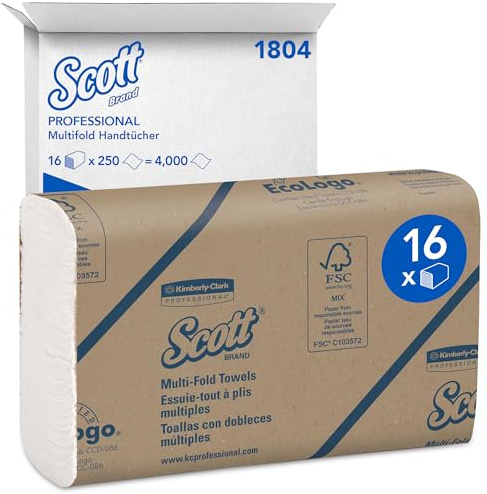Scott® Papierhandtücher mit Multifold-Z-Falz 1804, 1-lagiges weißes Handtuchpapier, FSC-zertifiziert, 16 Packungen x 250 Papierhandtücher (insg. 4.000), Kompatibel mit Universal-Papiertuchspendern