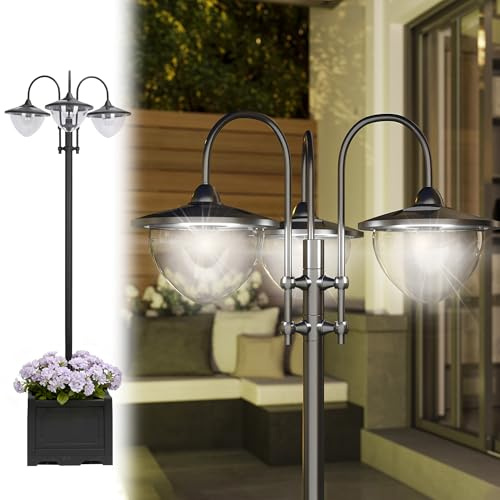 Outsunny Solar Laterne Stehleuchte aus Metall, Gartenlaterne mit Lichtsteuerung, 189 cm hoch, Windlicht Außenleuchte, Wasserdicht IP44 mit Blumentopf-Basis für Garten Balkon Deko Schwarz