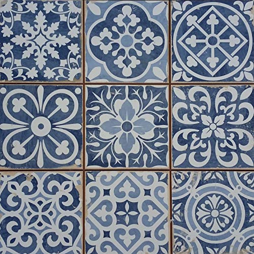 Marokkanische Patchwork Fliesen RAHEL BLAU 33x33 cm quadratisch orientalische Keramikfliesen für Boden & Wand | Retro-Fliesen Vintage Bodenfliesen für schöne Küche Badezimmer FL2112