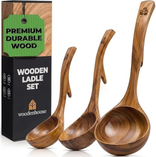 Suppenkelle Holz Set 3-teilig, Schöpflöffel aus Teakholz, Groß bis Klein | Robust, nachhaltig und BPA-frei, für unterschiedliche Kochaufgaben; leicht zu reinigen und langlebig im Alltag