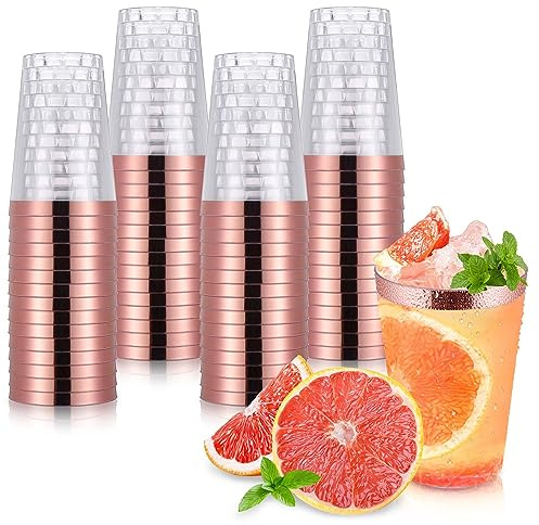 Hejo 60 Stück Plastikbecher, Party Becher, Trinkbecher Weingläser(Rosegold) | 360ml Kunststoff, Wiederverwendbar, transparent, mit rosegoldem Rand, für Cocktail, Champagner, Bier, Getränk, Dessert