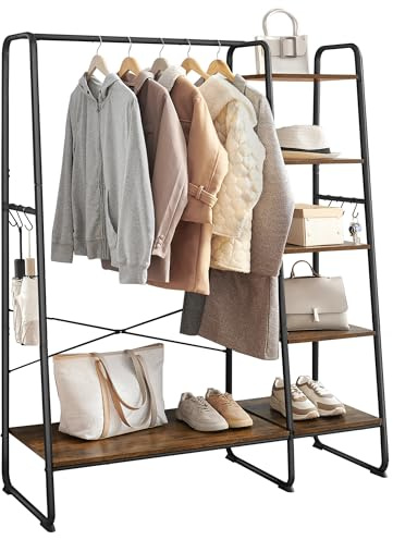 VASAGLE KleiderstÄnder, GarderobenstÄnder, 45 x 120 x 160 cm Garderobe mit Kleiderstange, Schuhablage, offener Kleiderschrank, 6 abnehmbare Haken, Schlafzimmer, Flur, vintagebraun-schwarz RGR116B01