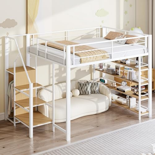 WIZBED Hochbett Metallbett 140x200cm mit Kleiderschrank, Treppe und 4 Regalen, Bettrahmen Etagenbett mit Lattenroste aus Metall, Jugendbett,Weiß ohne Matratze