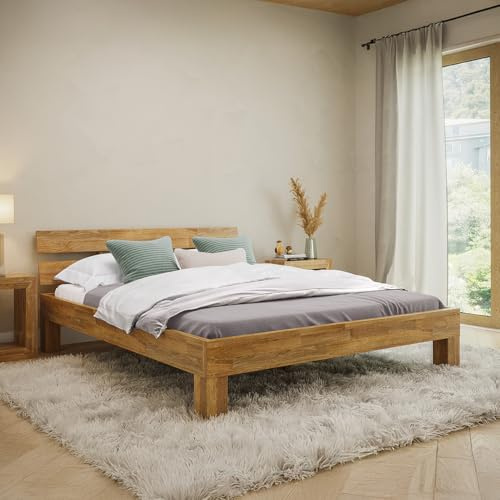 skølm Floki Massivholzbett 160x200 cm aus Eiche - hochwertiges Bettgestell - Bettrahmen mit Bettkopf - Holzbett in Natur geölt - Bett geeignet als Doppelbett - Futonbett Schlafzimmer