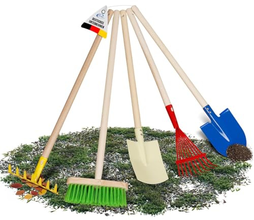 Coemo Kinder-Gartenset, Gartengeräte, Set 5-teilig Kinder Schaufel, Besen | Harke, Rechen, Spaten, Laubbesen, für Mädchen und Jungen ab 3 Jahren, für Garten, Sandkasten und Strand