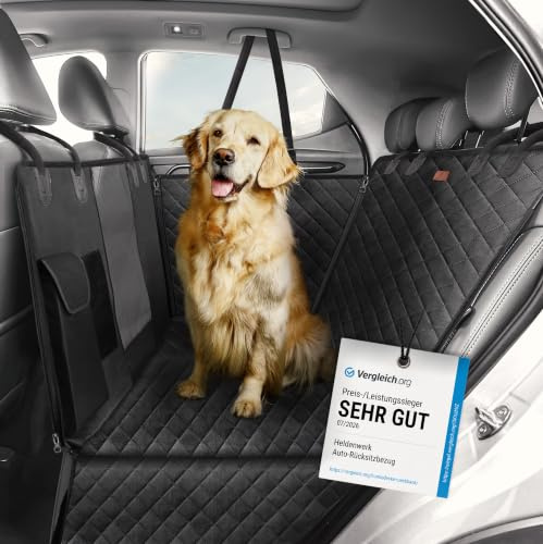 HELDENWERK® Autoschondecke Hund Rücksitz wasserdicht & Kratzfest universal | Hundedecke für Auto Rückbank inkl. Seitenschutz & Sichtfenster, Rutschfeste Unterseite, Einfache Montage, Mittig teilbar