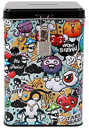 I-TOTAL® – Lustige Spardose mit Vorhängeschloss und Schlüssel, Sparbüchse aus Metall mit Verschluss (Graffiti)