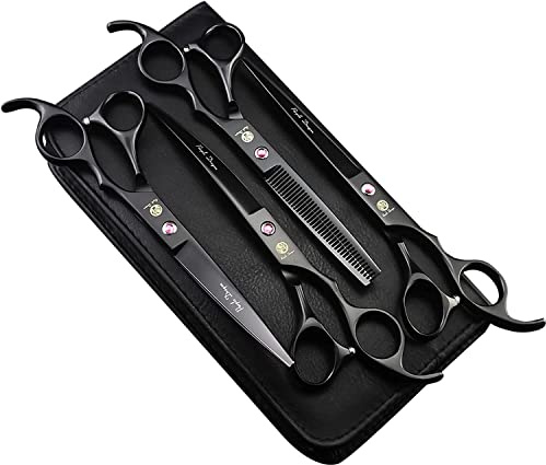 Purple Dragon 7 Zoll Hundescheren Set 4tlg.– gerade, gebogen, fellschere | 440C-Edelstahl, Reißverschlussetui, Präzises Schneiden, Verstellbares Spannungssystem, Leichtgängig, Anfänger, Profis